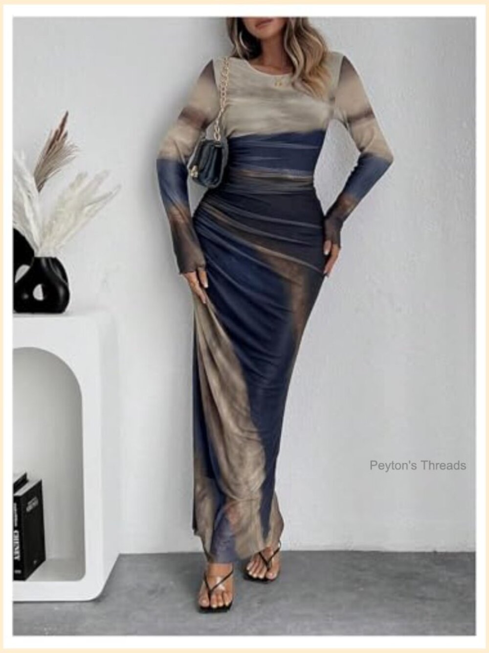 Long Sleeve Maxi Bodycon Dress Tie Dye Ruched Mesh Layer Prom Formal Wedding - Picture 4 of 7
